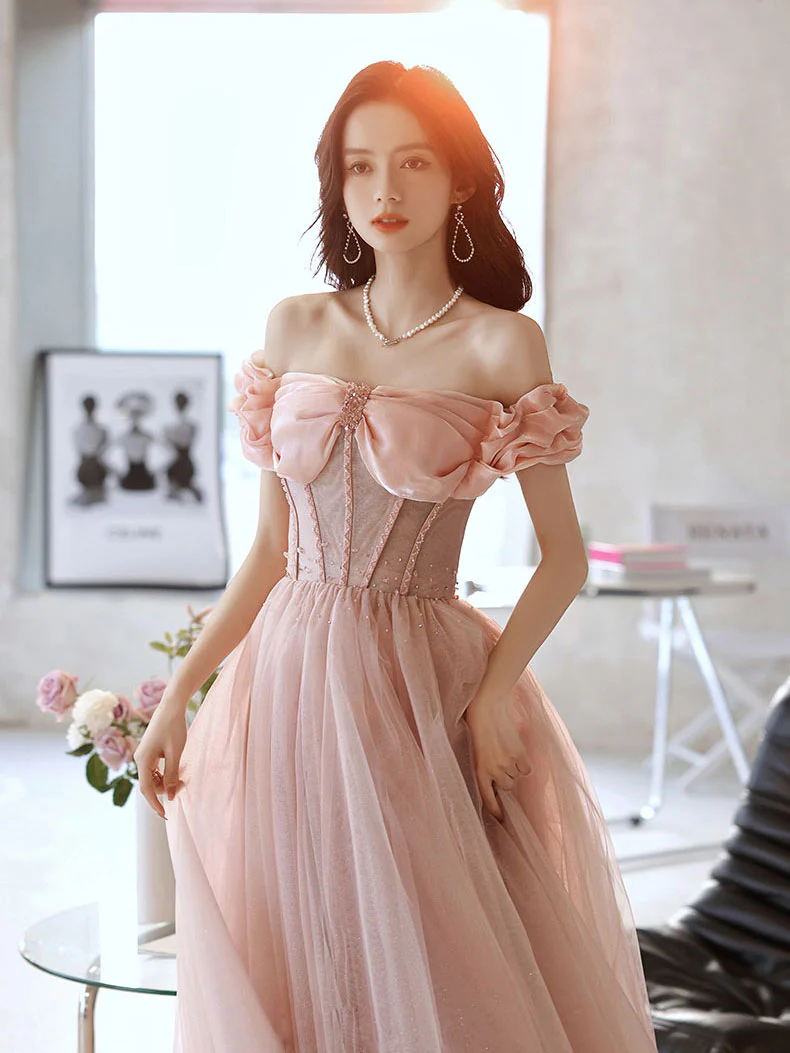 Pink Sweetheart Neck Tulle Beads Long Prom Dress, Pink Evening Dress - Deanwangkt