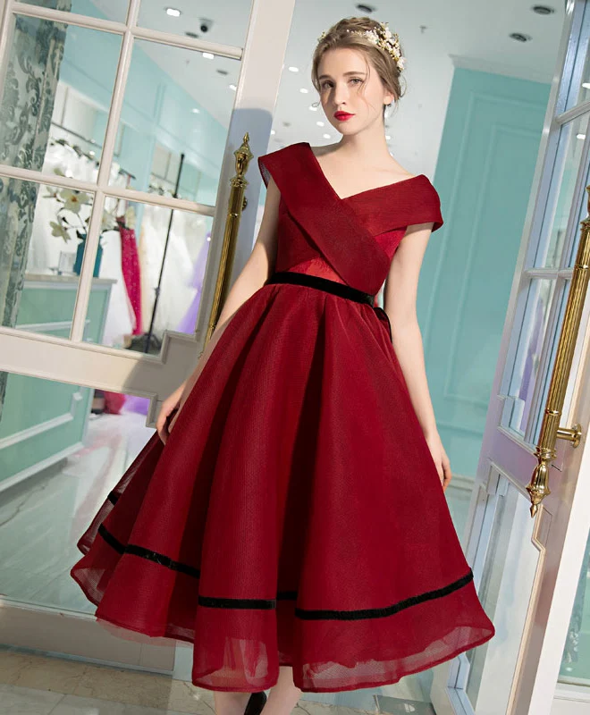 Burgundy V Neck Tea Length Prom Dress, Burgundy Evening Dress - Deanwangkt