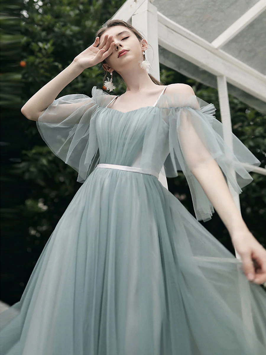 Simple A line Green Tulle Long Prom Dress, Green Tulle Bridesmaid Dresses - Deanwangkt