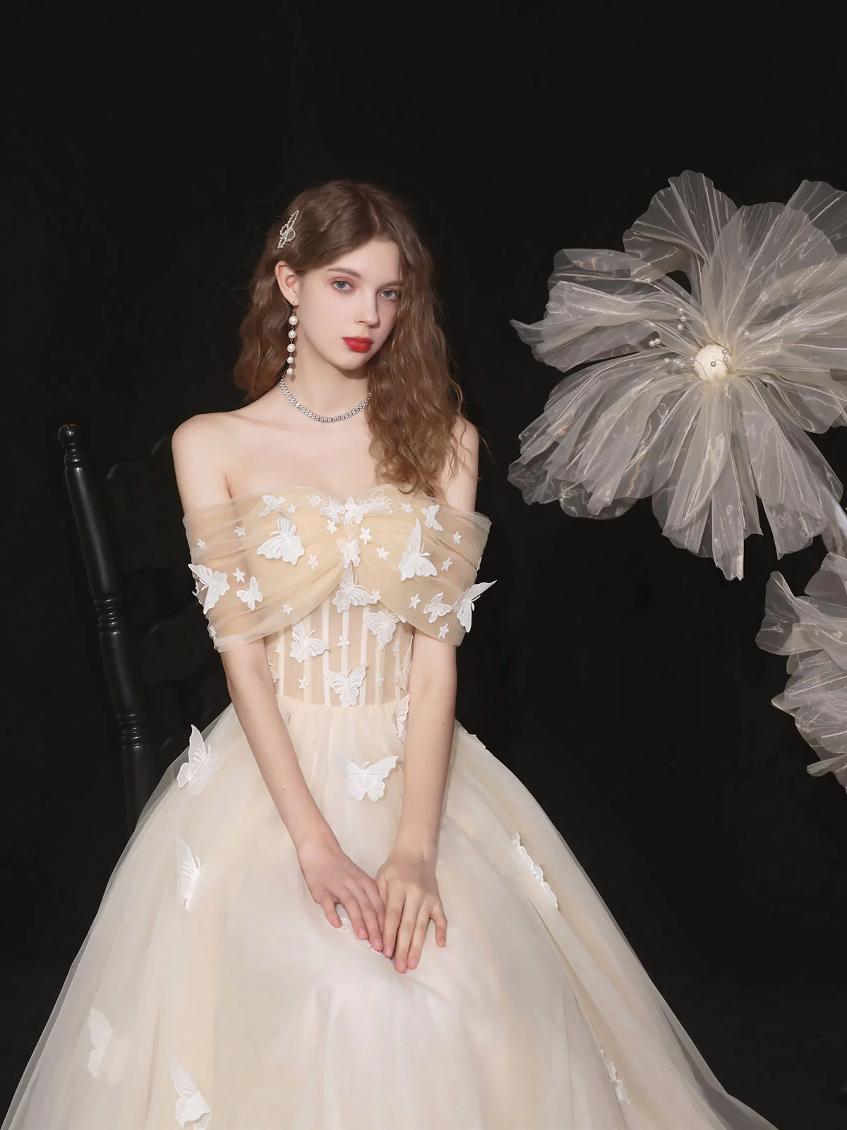 Champagne Tulle Lace Applique Long Prom Dress, Tulle Lace Evening Dress - Deanwangkt