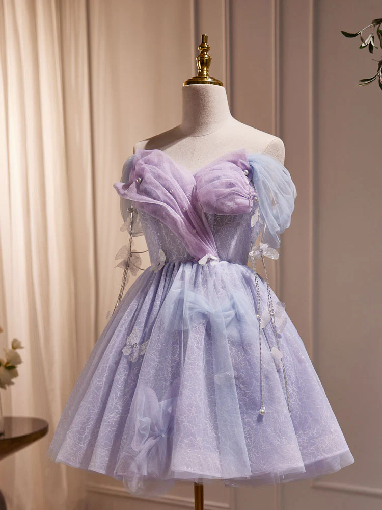 Purple Off Shoulder  Tulle Short Prom Dress, Purple Homecoming Dress - Deanwangkt