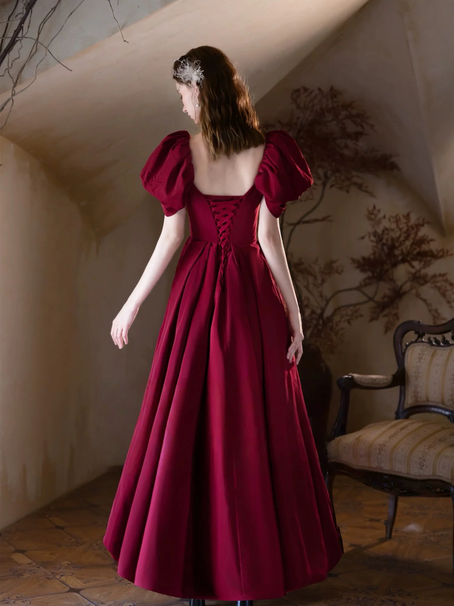 A-Line Puff Sleeves Satin Burgundy Long prom Dress, Burgundy Long Formal Dress - Deanwangkt