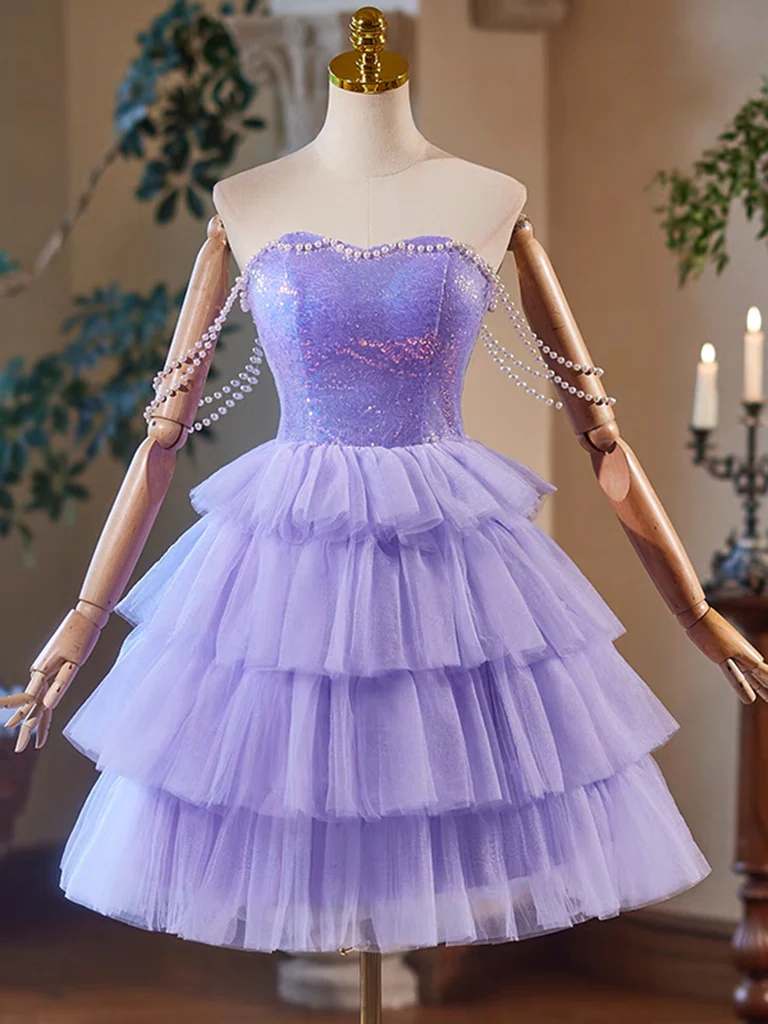 A-Line Tulle Sequin Purple Short Prom Dress, Purple Homecoming Dress - Deanwangkt
