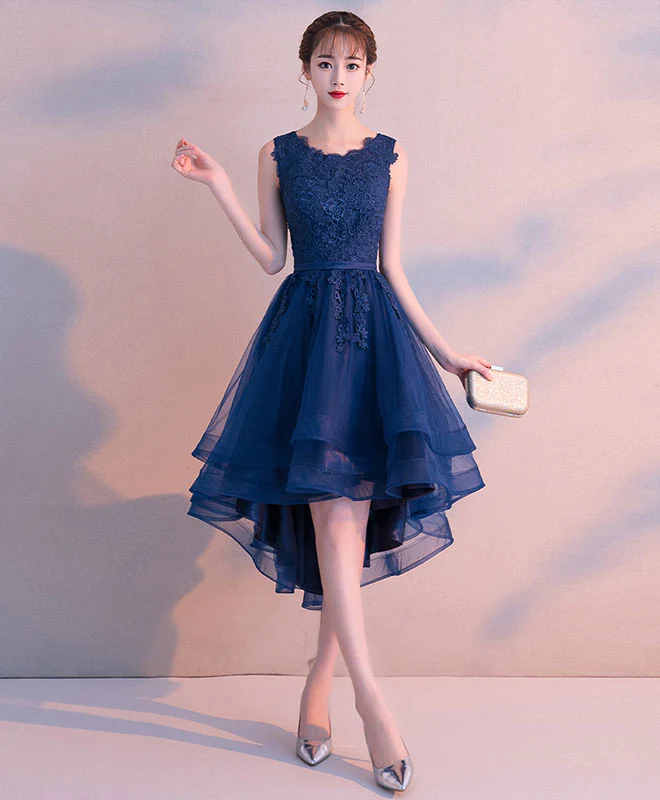 Dark Blue Tulle Lace Short Prom Dress, Blue Tulle Lace Bridesmaid Dress - Deanwangkt