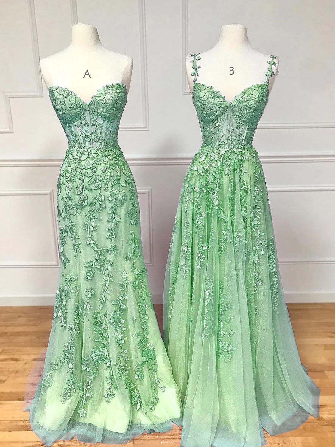 A-Line Tulle Lace Green Long Prom Dress, Green Lace Long Graduation Dress - Deanwangkt