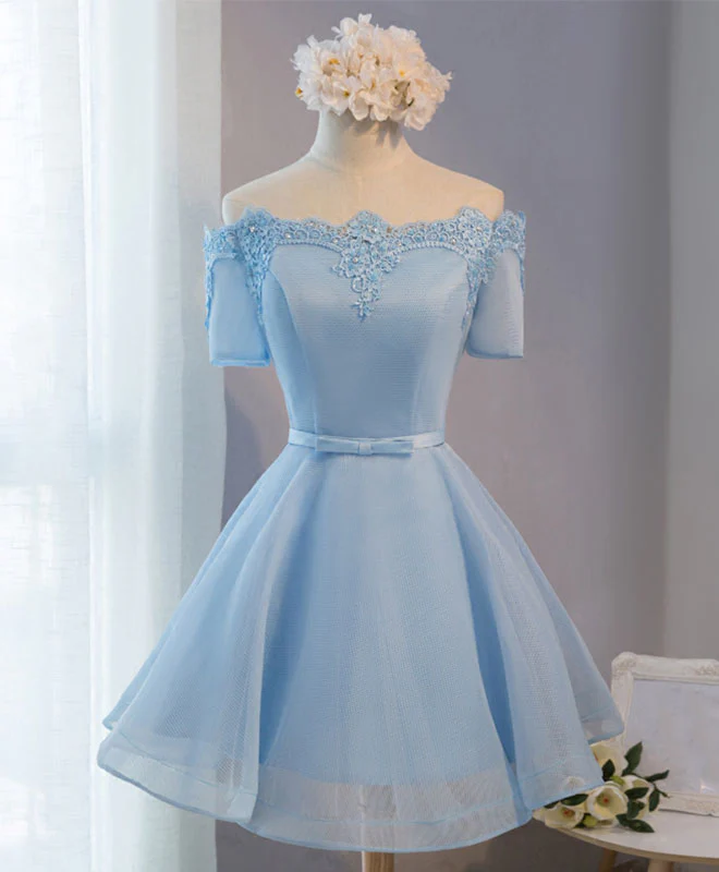 Blue A-Line Tulle Short Sleeve Lace Short Prom Dress, Blue Cute Homecoming Dress - Deanwangkt