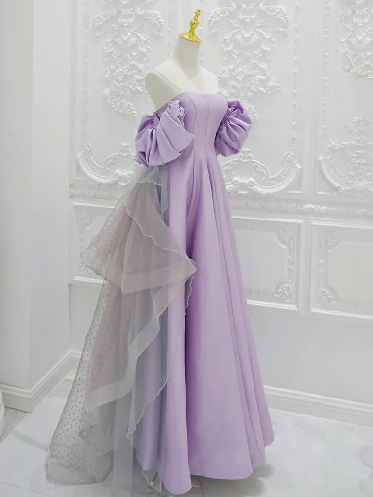 A-Line Satin Tulle Purple Long Prom Dress, Tulle Purple Long Formal Dress - Deanwangkt