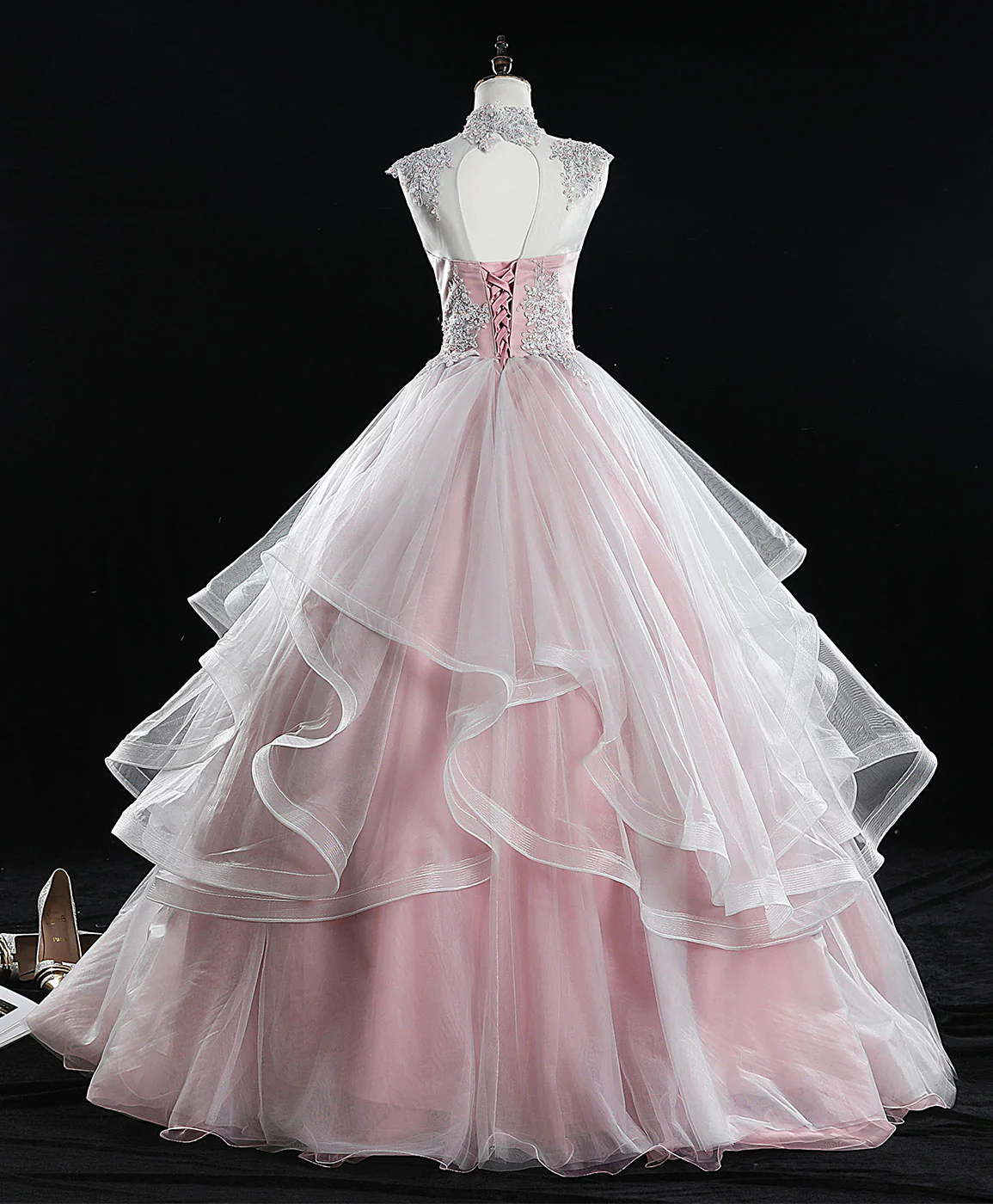 Pink High Neck Tulle Lace Long Sweet 16 Dress Tulle Lace Pink Prom Dress - Deanwangkt