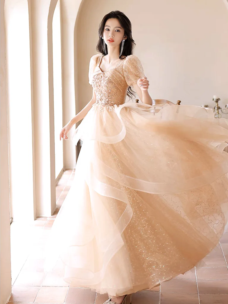 A-Line Champagne Tulle Lace Long Prom Dress, Champagne Long Formal Dress - Deanwangkt