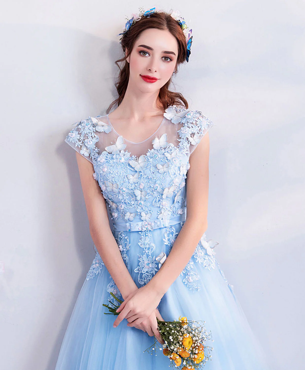 Sky Blue Lace Tulle Long Prom Dress, Blue Evening Dress - Deanwangkt
