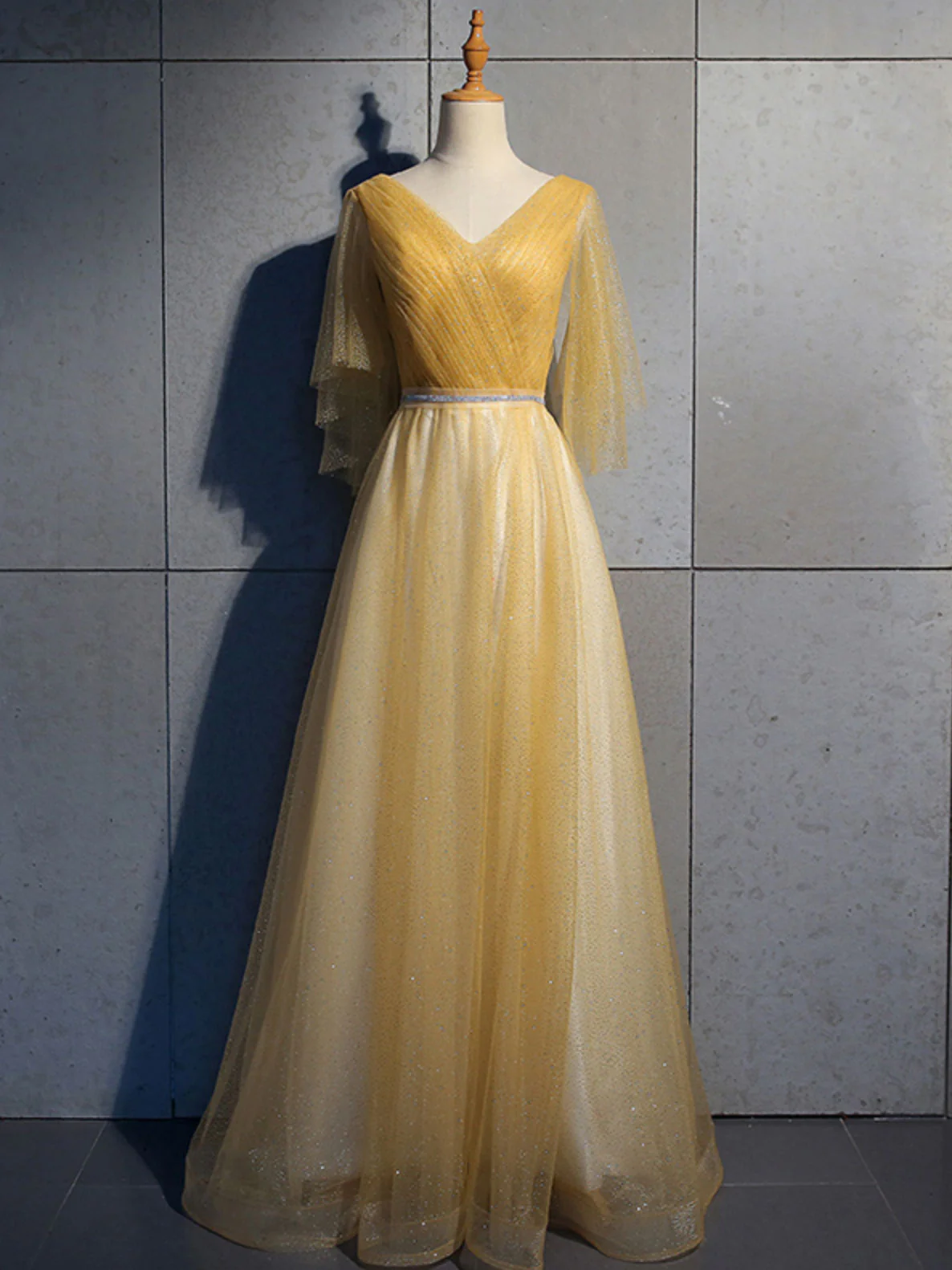 Simple V Neck Tulle Sequin Long Prom Dress, A line Tulle Evening Dresses - Deanwangkt