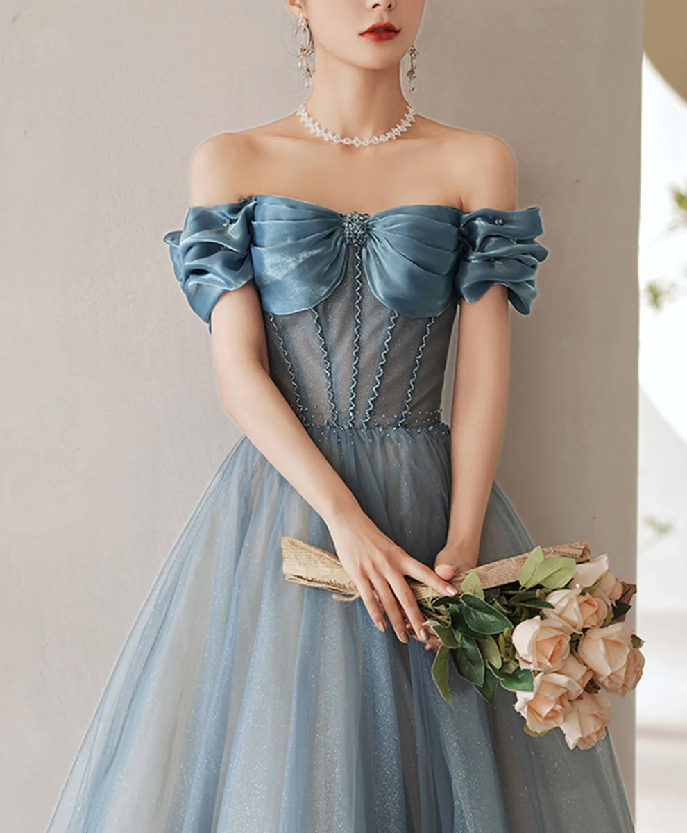 Blue Sweetheart Off Shoulder Tulle Long Prom Dress Blue Formal Dress - Deanwangkt