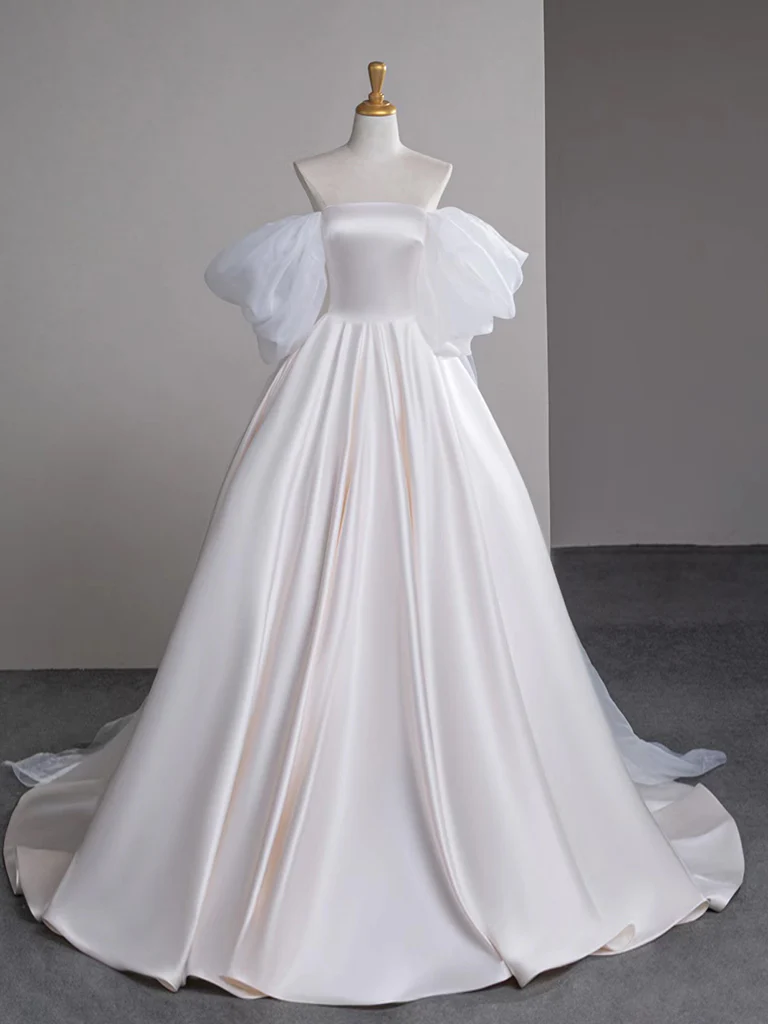 A-Line Satin Tulle Light Champagne Long Prom Dress, Light Champagne Formal Dress - Deanwangkt