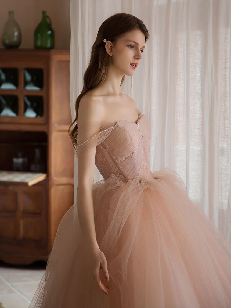 Pink Sweetheart Neck Tulle Long Prom Dress, Pink Evening Dress - Deanwangkt