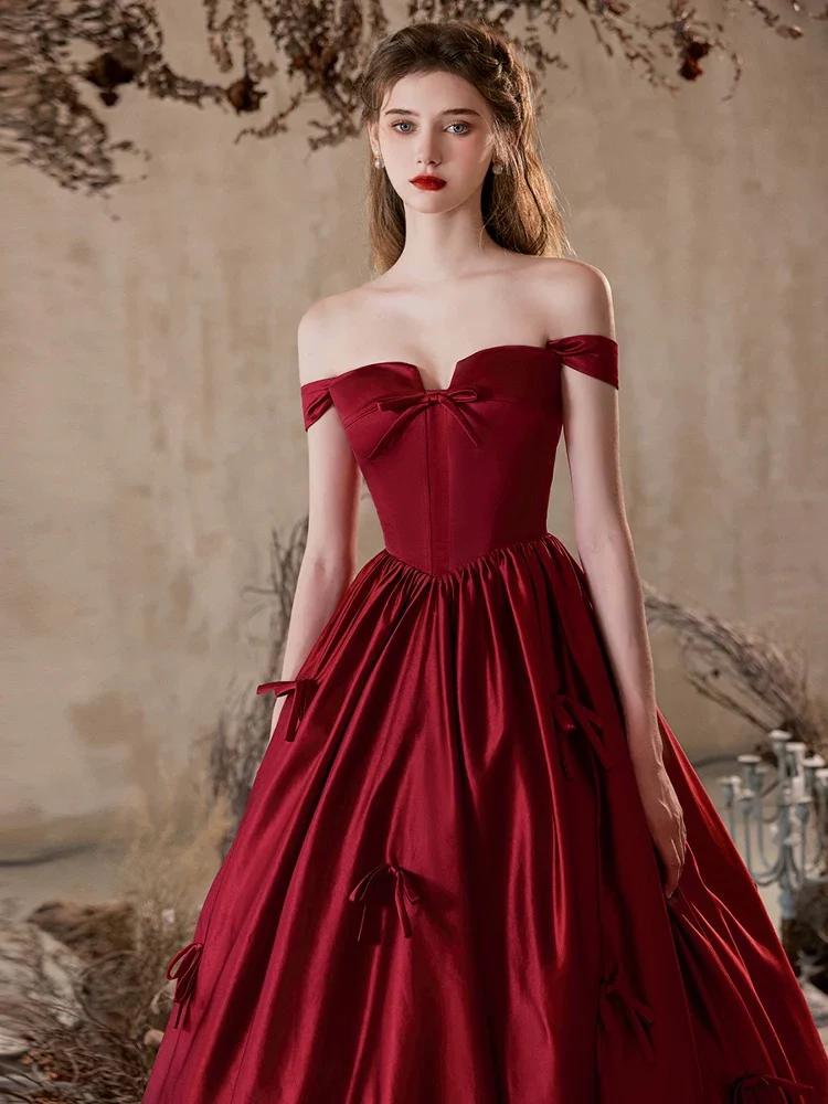 A-Line Off Shoulder Satin Burgundy Long Prom Dress, Burgundy Formal Dress - Deanwangkt