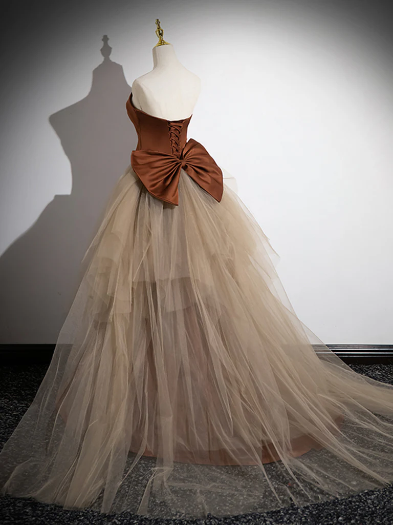 Simple Mermaid Brown/Champagne Satin Tulle Long Prom Dress, Brown Long Evening Dress - Deanwangkt