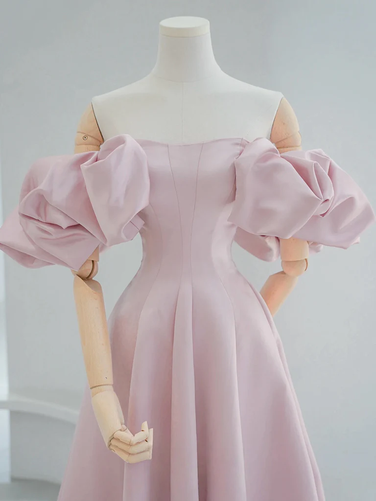 A-line Puff Sleeves Satin Pink Long Prom Dress, Pink Long Formal Dress - Deanwangkt
