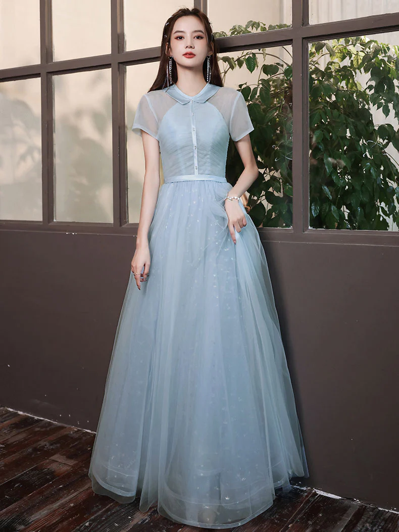 Blue A-line Tulle Long Prom Dress, Tulle Evening Dress - Deanwangkt