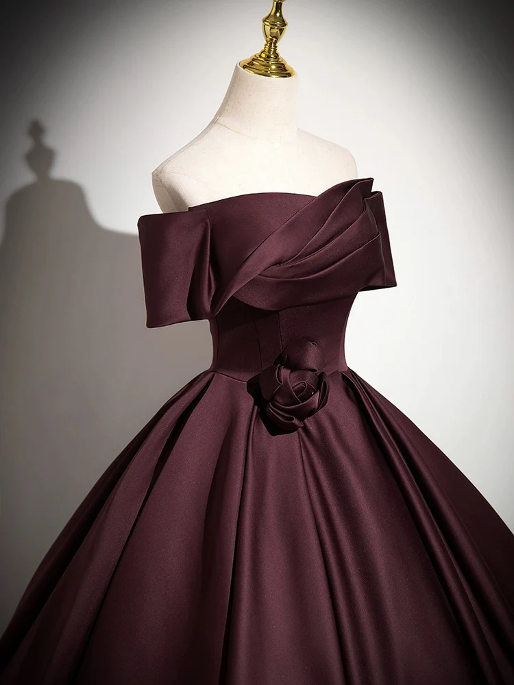 A-Line Off the Shoulders Satin Maroon Long Prom Dress, Maroon Long Formal Dress - Deanwangkt