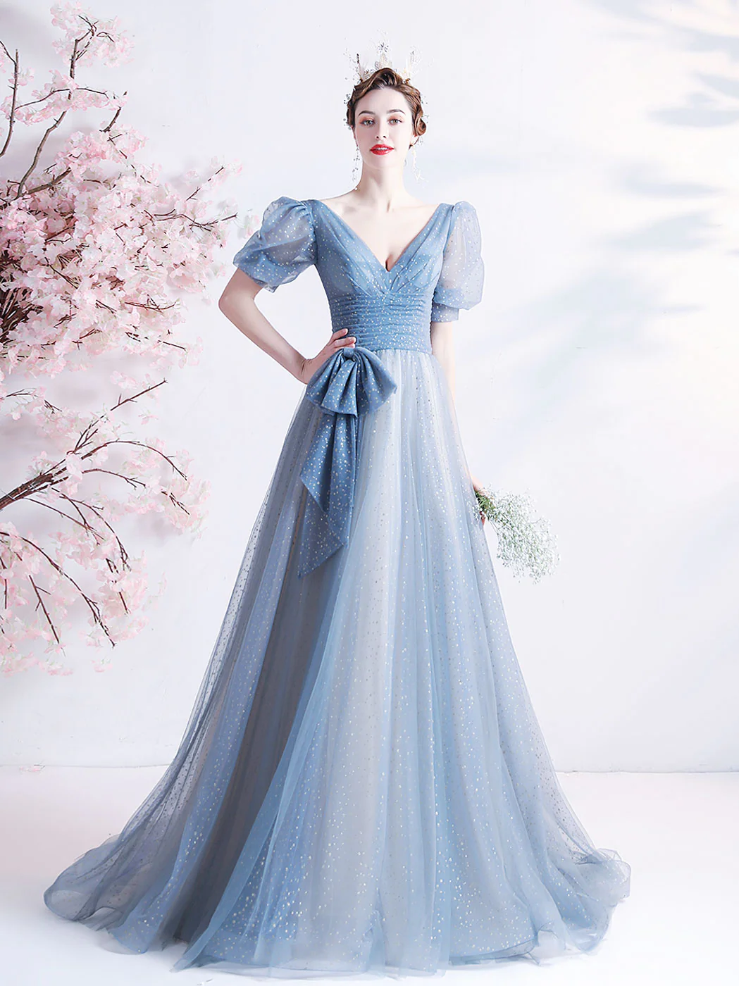 A-Line V Neck Tulle Gray Blue Long Prom Dress, Gray Blue Formal Dresses - Deanwangkt