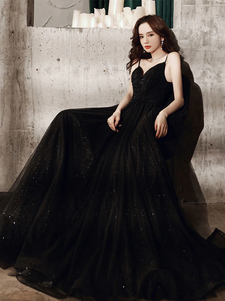 Black V Neck Tulle Lace Long Prom Dress Black Evening Dress - Deanwangkt