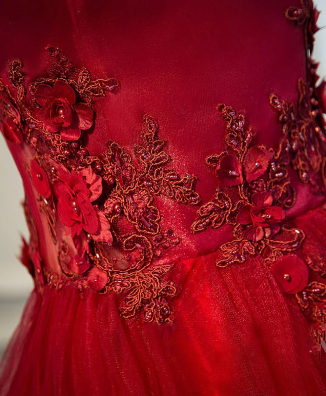 Burgundy Lace Tulle Long Prom Dress, Off Shoulder Evening Dress - Deanwangkt