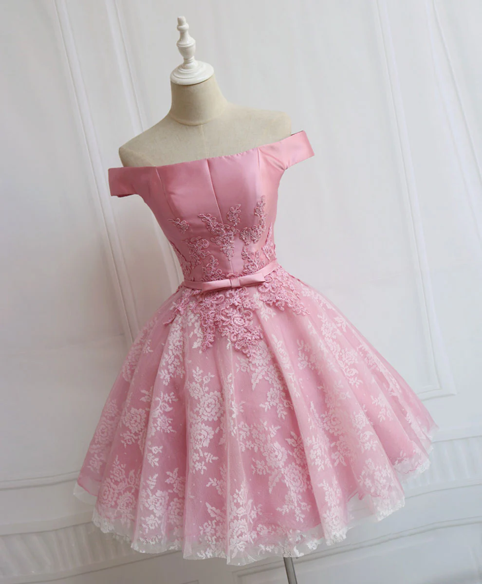 Tulle Of Shoulder Lace Short Pink Prom Dress Lace Homecoming Dress - Deanwangkt