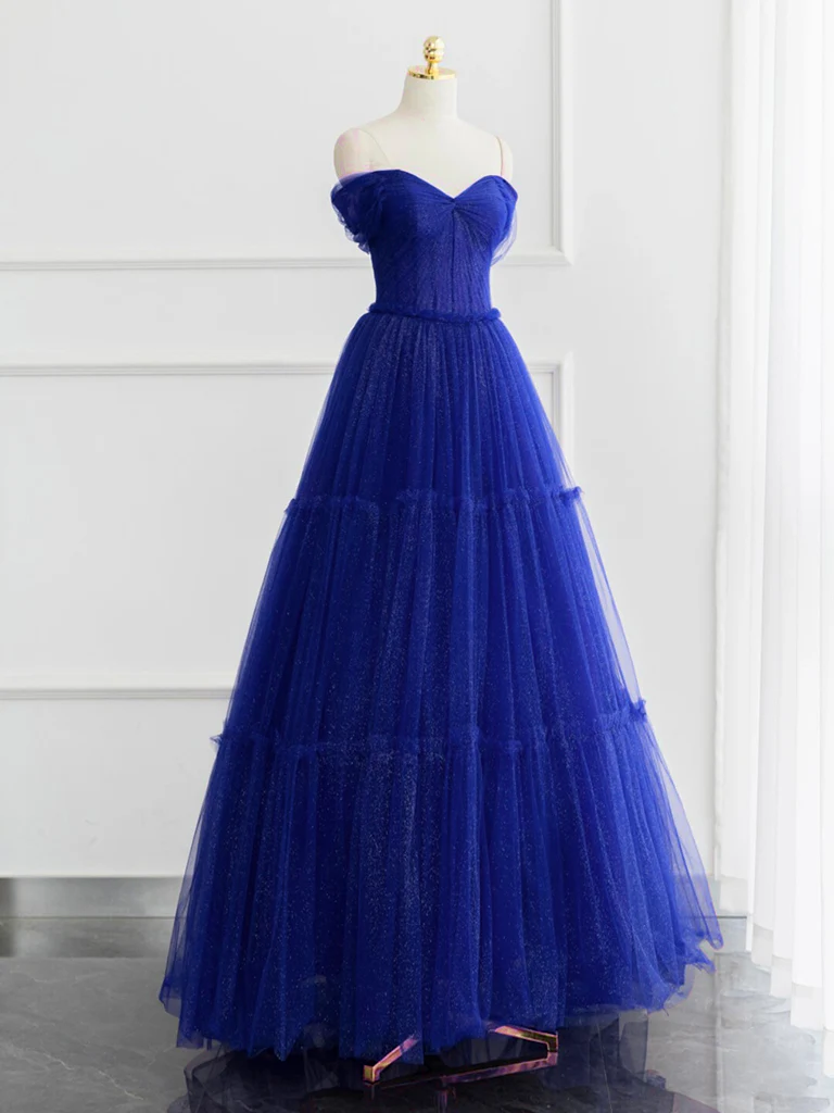 A-line Off Shoulder Tulle Shiny Burgundy Long Prom Dress, Burgundy Long Formal Dress - Deanwangkt