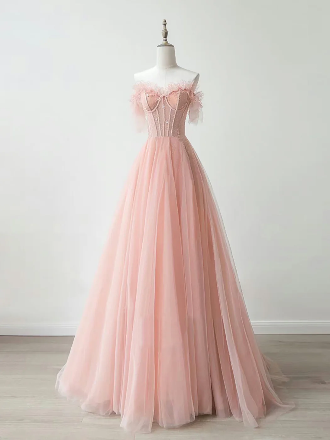 A-Line Sweetheart Neck Tulle Lace Pink Long Prom Dress, Pink Formal Dress - Deanwangkt