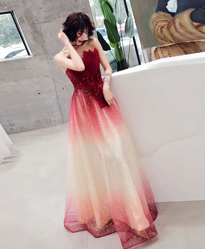Burgundy Tulle Sequin Long Prom Dress, Tulle Evening Dress - Deanwangkt