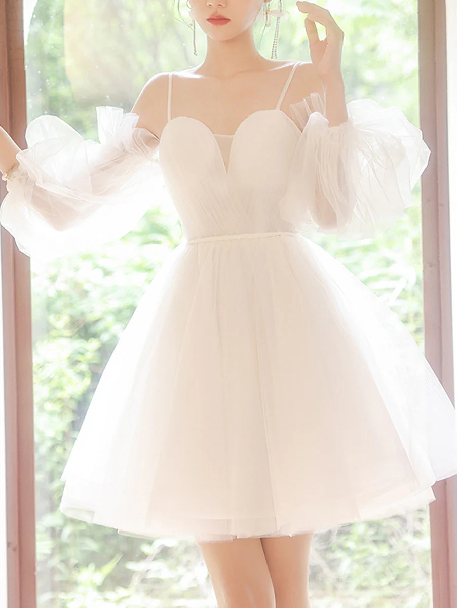White Sweetheart Neck Tulle Short Prom Dress, Cute White Homecoming Dresses - Deanwangkt