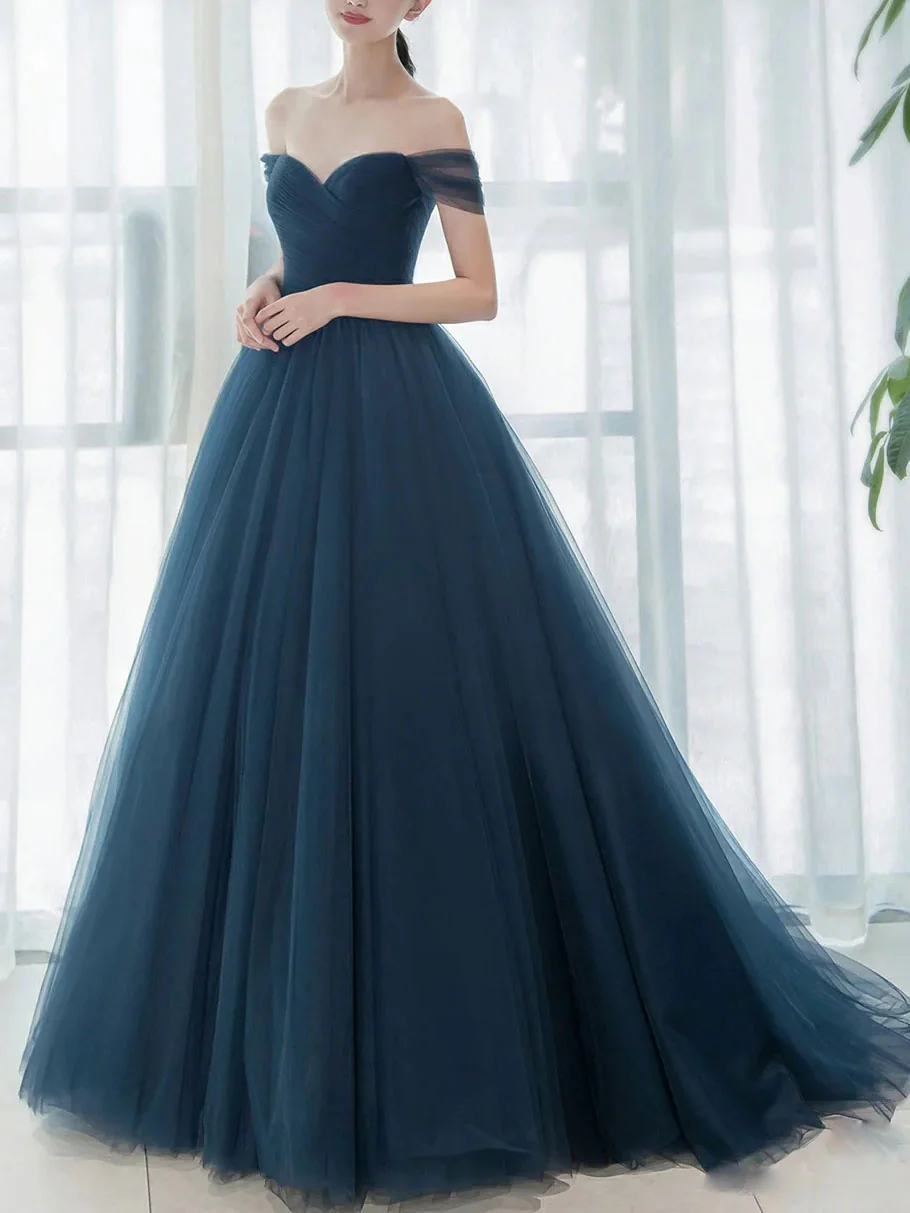Simple Blue off Long Prom Dresses, V NeckTulle Bridesmaid Dresses - Deanwangkt