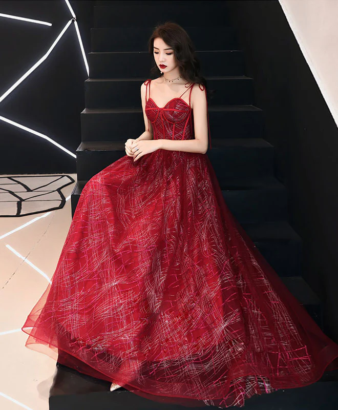 Unique Sweetheart Tulle Long Prom Dress, Burgundy Tulle Evening Dress - Deanwangkt