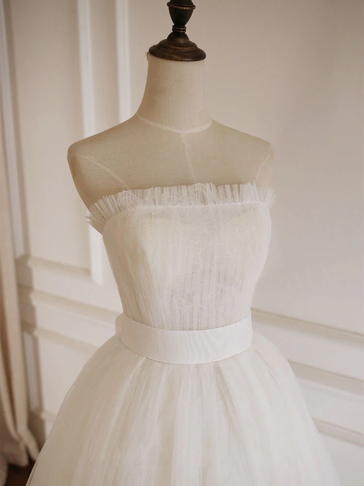 Simple  Lace Tea Length White Prom Dress, Tulle Lace Bridesmaid Dress - Deanwangkt