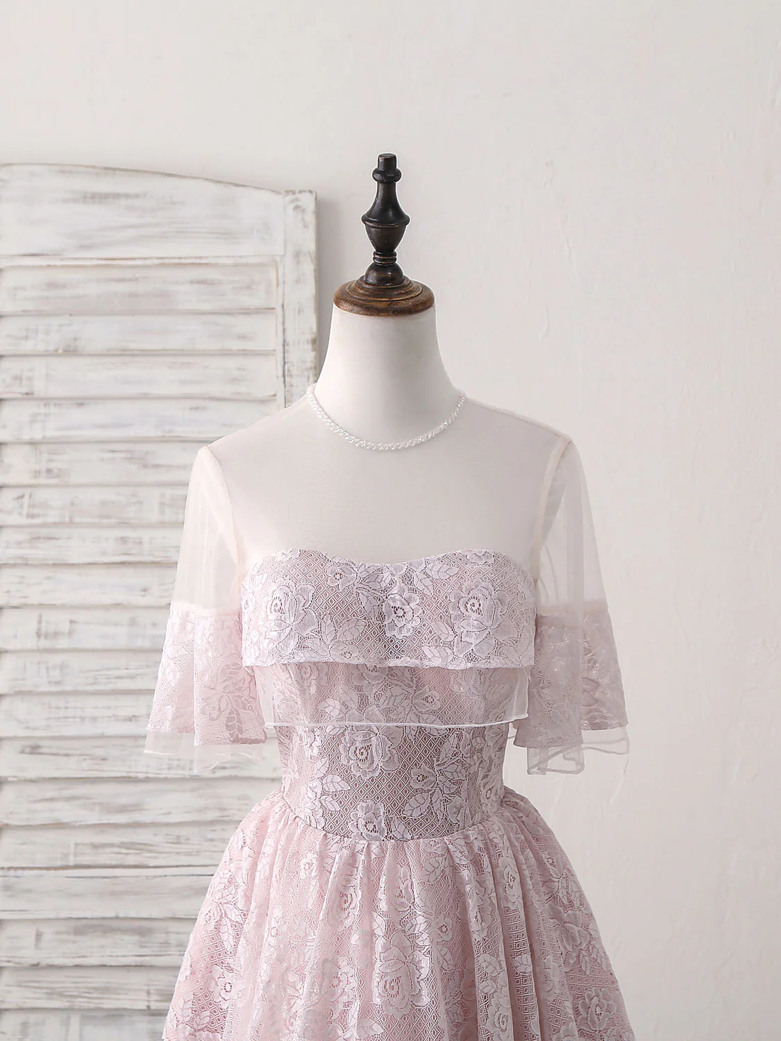 Pink Round Neck Lace Tulle Short Prom Dress, Pink Homecoming Dress - Deanwangkt