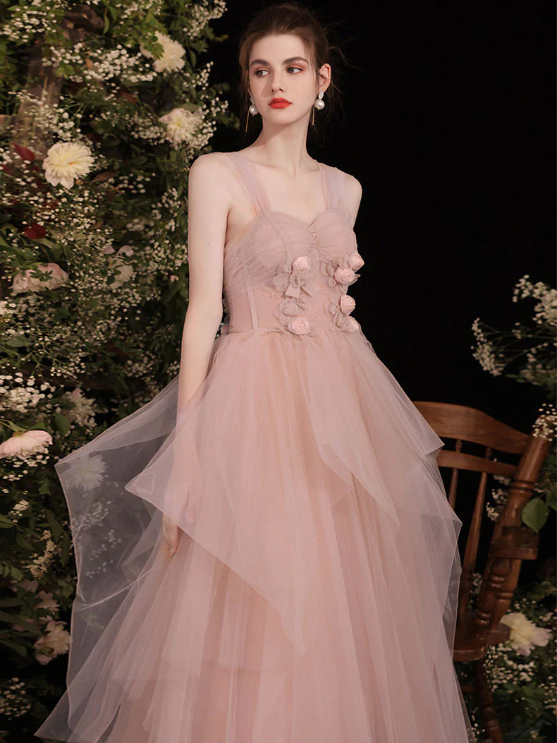 Pink Sweetheart Tulle Long Prom Dress, Pink Tulle Formal Dress - Deanwangkt