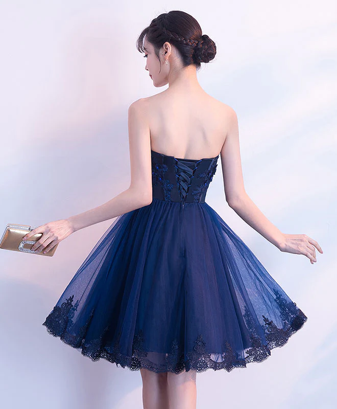 Cute Dark Blue Tulle Lace Short Prom Dress, Homecoming Dress - Deanwangkt