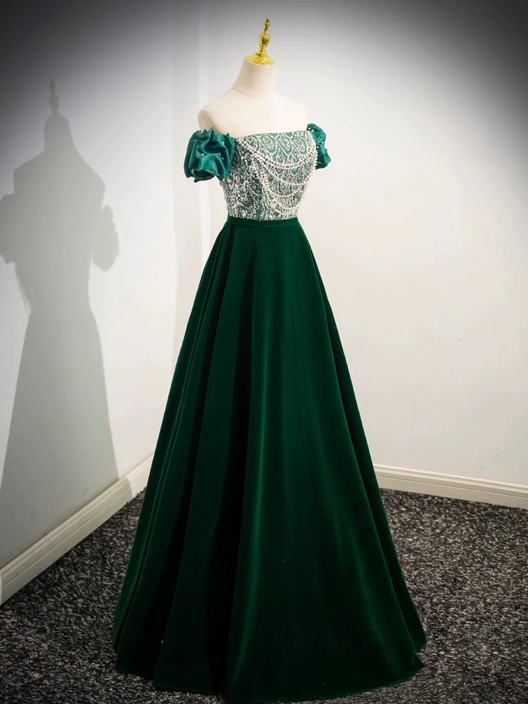 A-Line Velvet Sequin Beads Green Long Prom Dress, Velvet Green Long Formal Dress - Deanwangkt
