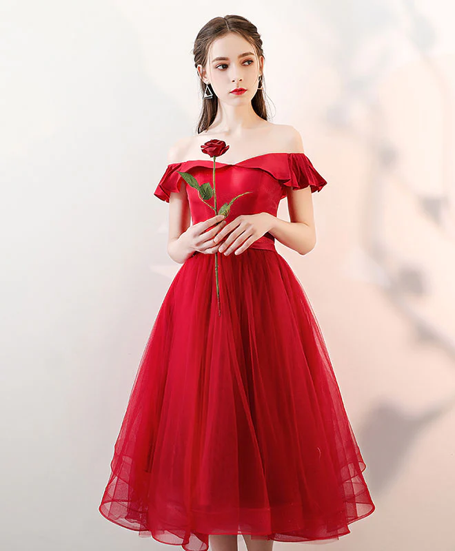 Aline Red Satin/Tulle Short Prom Dresses, Red Formal Homecoming Dresses - Deanwangkt