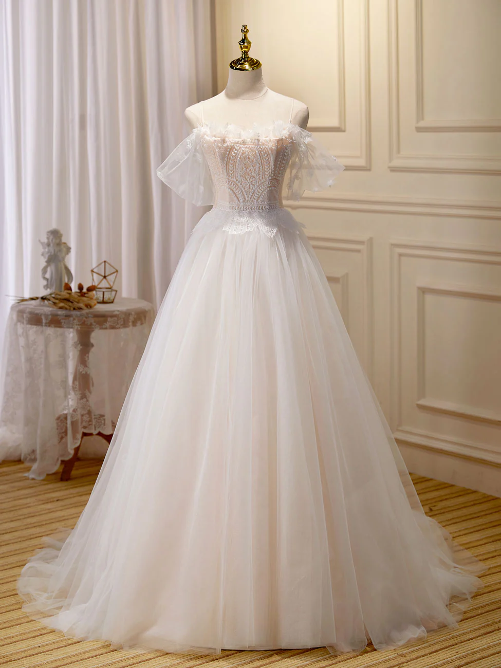 A Line Champagne Long Prom Dress, Lace Champagne Long Formal Dresses - Deanwangkt