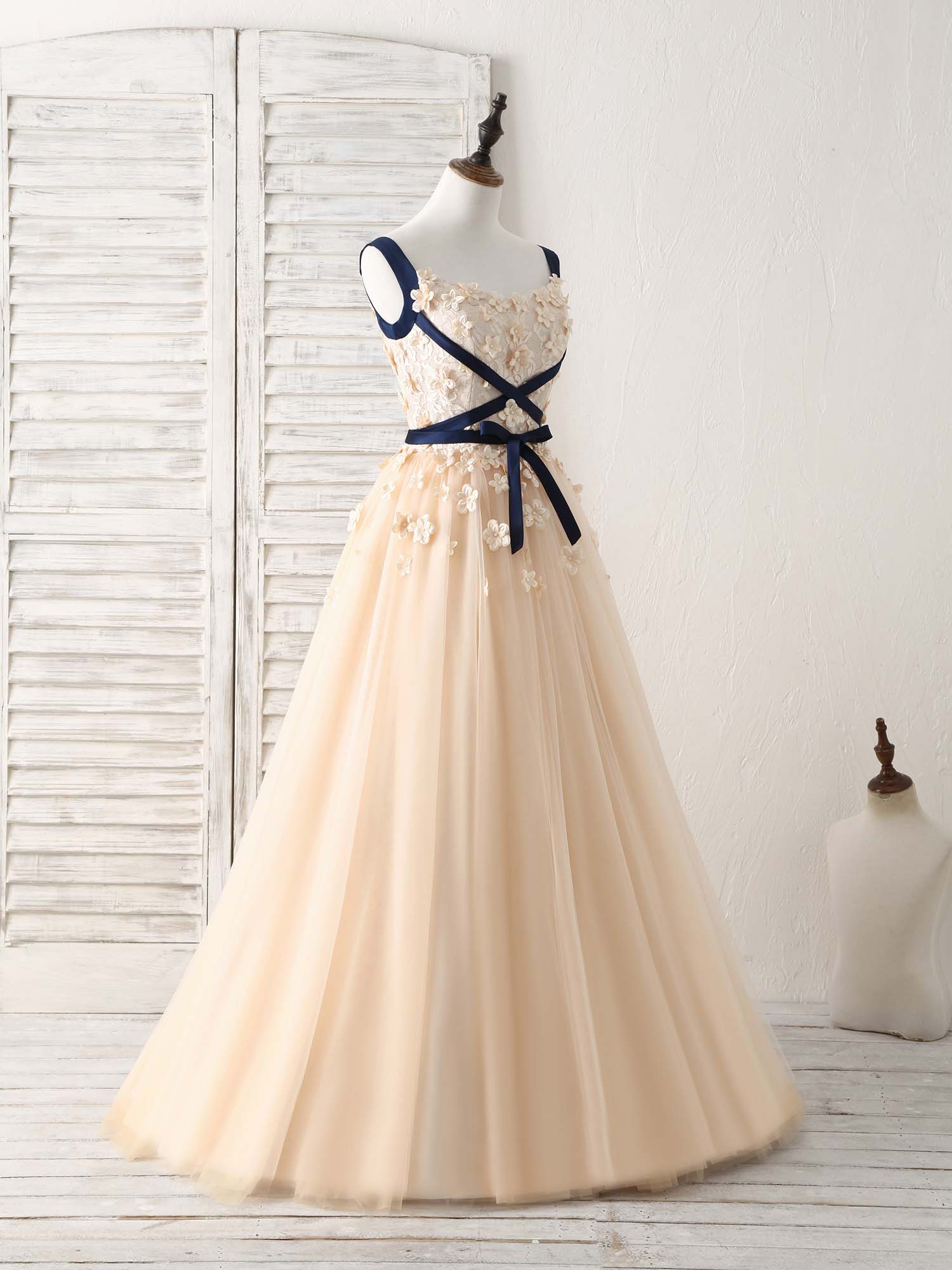 Unique Champagne Lace Tulle Long Prom Dress, Champagne Evening - Deanwangkt