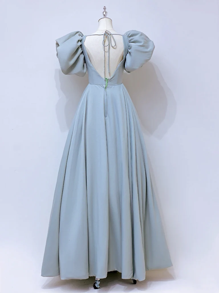A-Line Puff sleeves Long Blue Prom Dress, Square Neckline Blue Long Formal Dress - Deanwangkt
