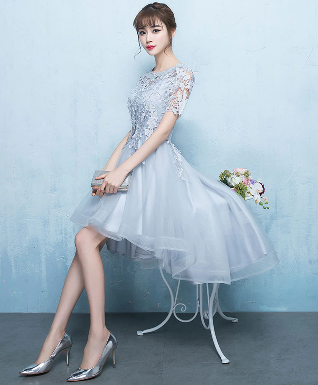 Gray Tulle Lace Applique Prom Dress, Gray Evening Dress - Deanwangkt