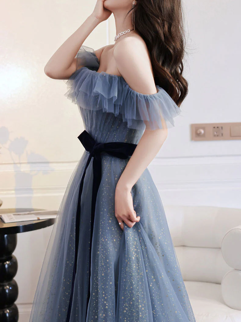 Gray Blue Tulle Long Prom Dress Gray Blue Tulle Formal Dress - Deanwangkt