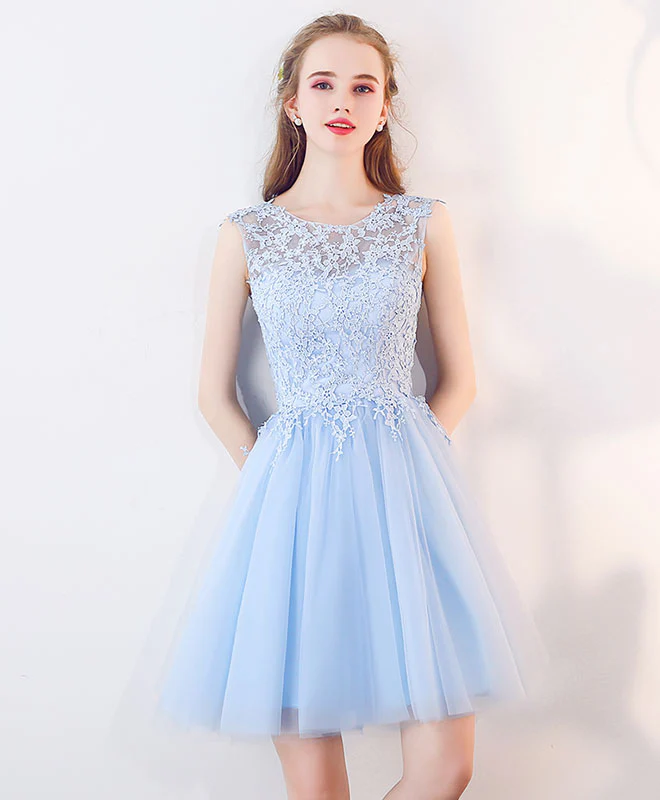 Cute Blue Tulle Lace Short Prom Dress, Blue Homecoming Dress - Deanwangkt