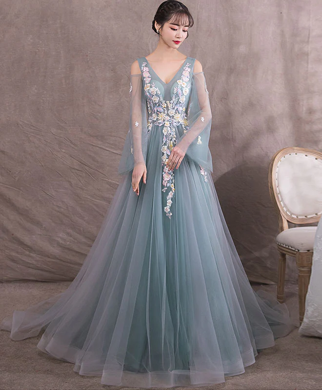 Green V Neck Tulle Lace Long Prom Dress, Gray Green Evening Dress - Deanwangkt