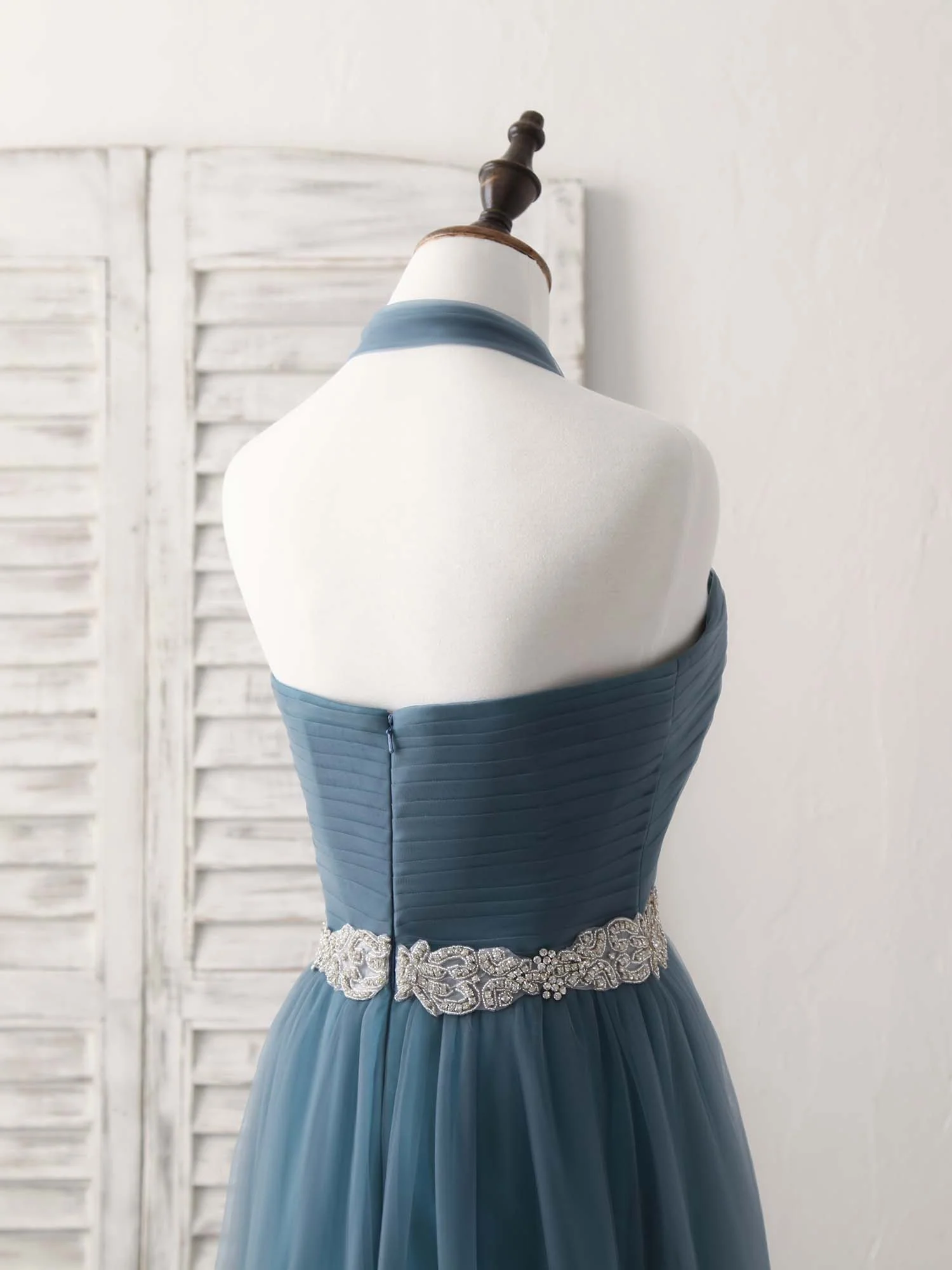 A-Line Gray Blue Tulle Long Bridesmaid Dress Gray Blue Prom Dress - Deanwangkt