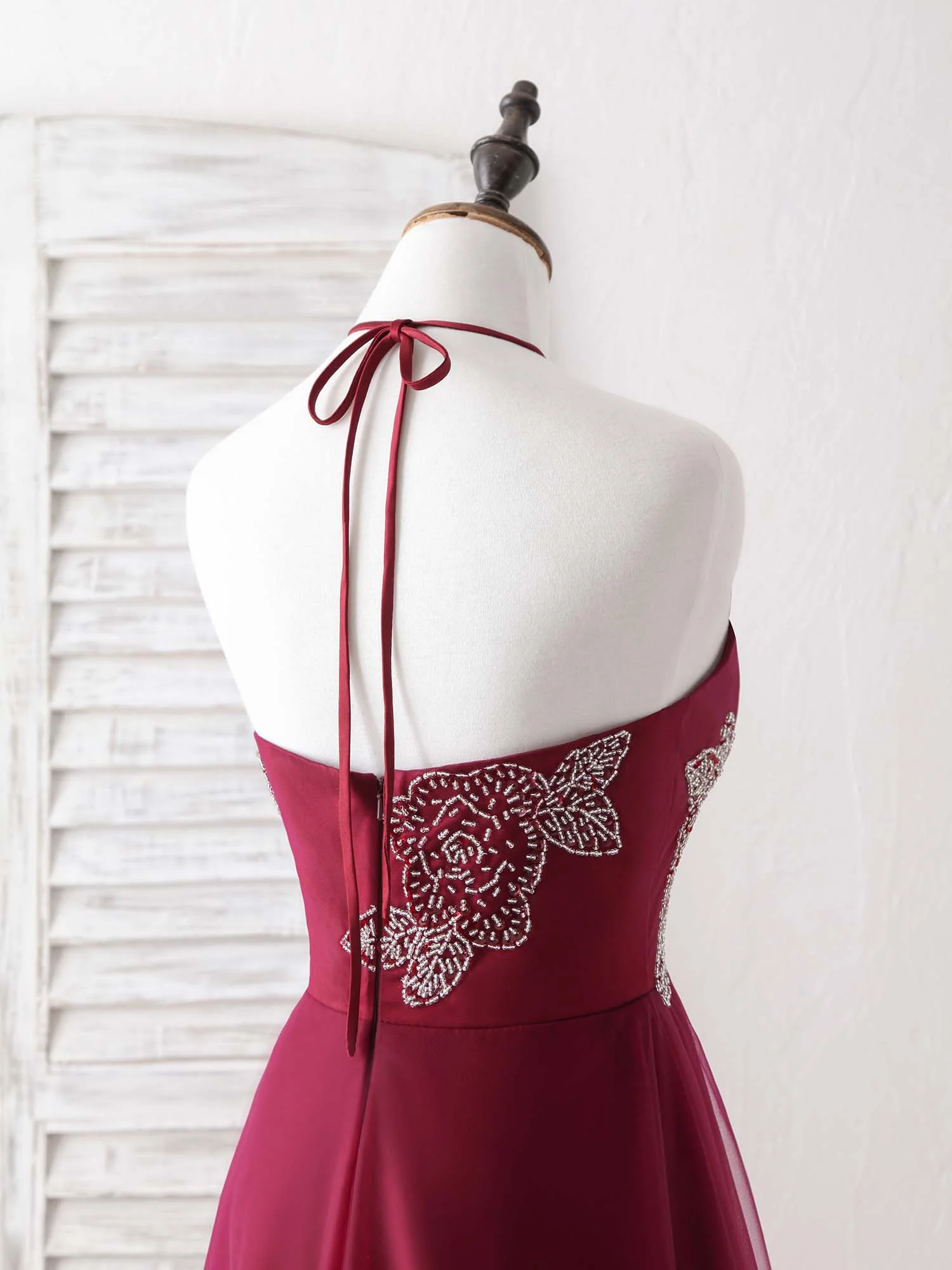 Burgundy Tulle Beads Long Prom Dress Burgundy Evening Dress - Deanwangkt