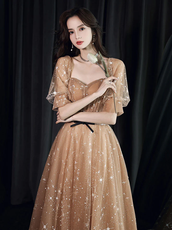 Champagne Sweetheart Tulle Lace Long Prom Dress Lace Evening Dress - Deanwangkt