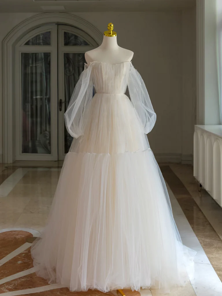 A-Line Tulle Long Sleeve Light Champagne Prom Dress, Light Champagne Formal Dress - Deanwangkt